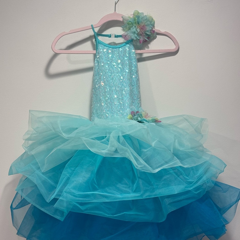 Sparkling Aqua Ruffled Halter Dance Dress for Girls